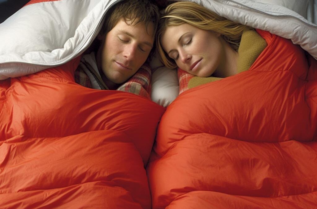 Man and women in a double sleeping bag , red