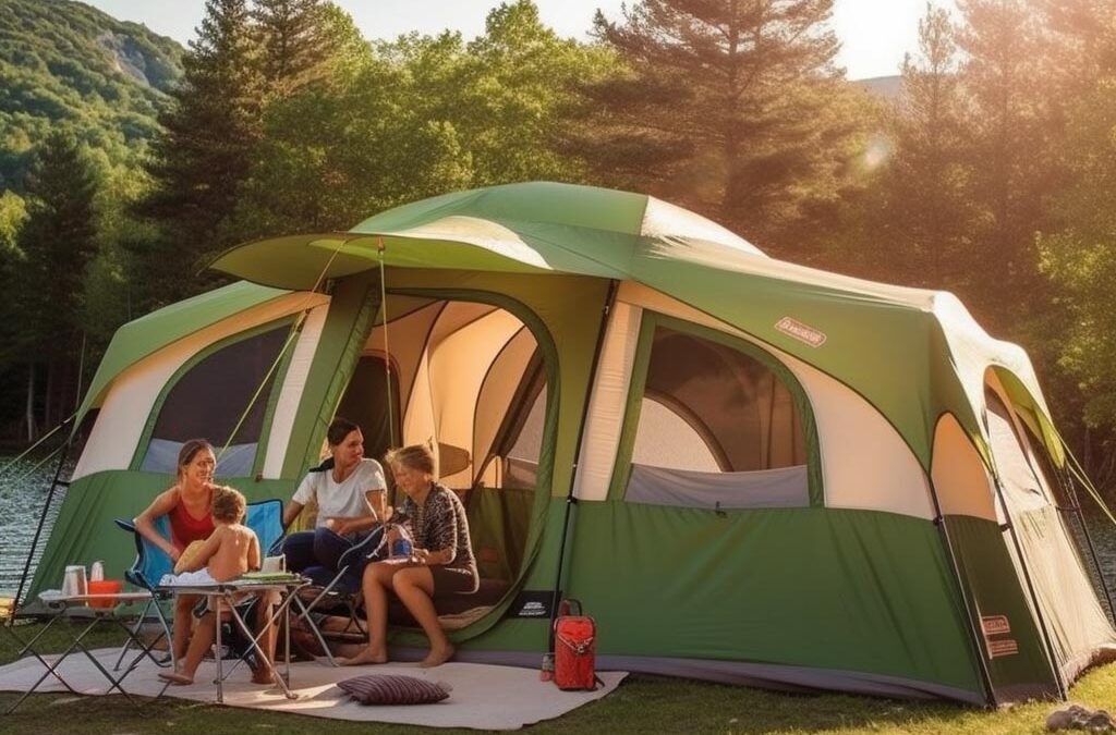 A family sitting inside a spacious tent, enjoying a outdoor activity